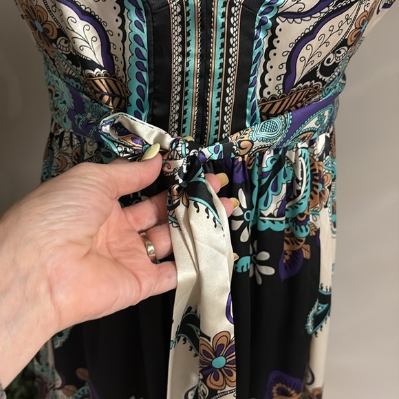 I.C.E Blue and Black Plunge V Neck back satin paisley Sleeveless Dress belted 10 - Picture 7 of 14